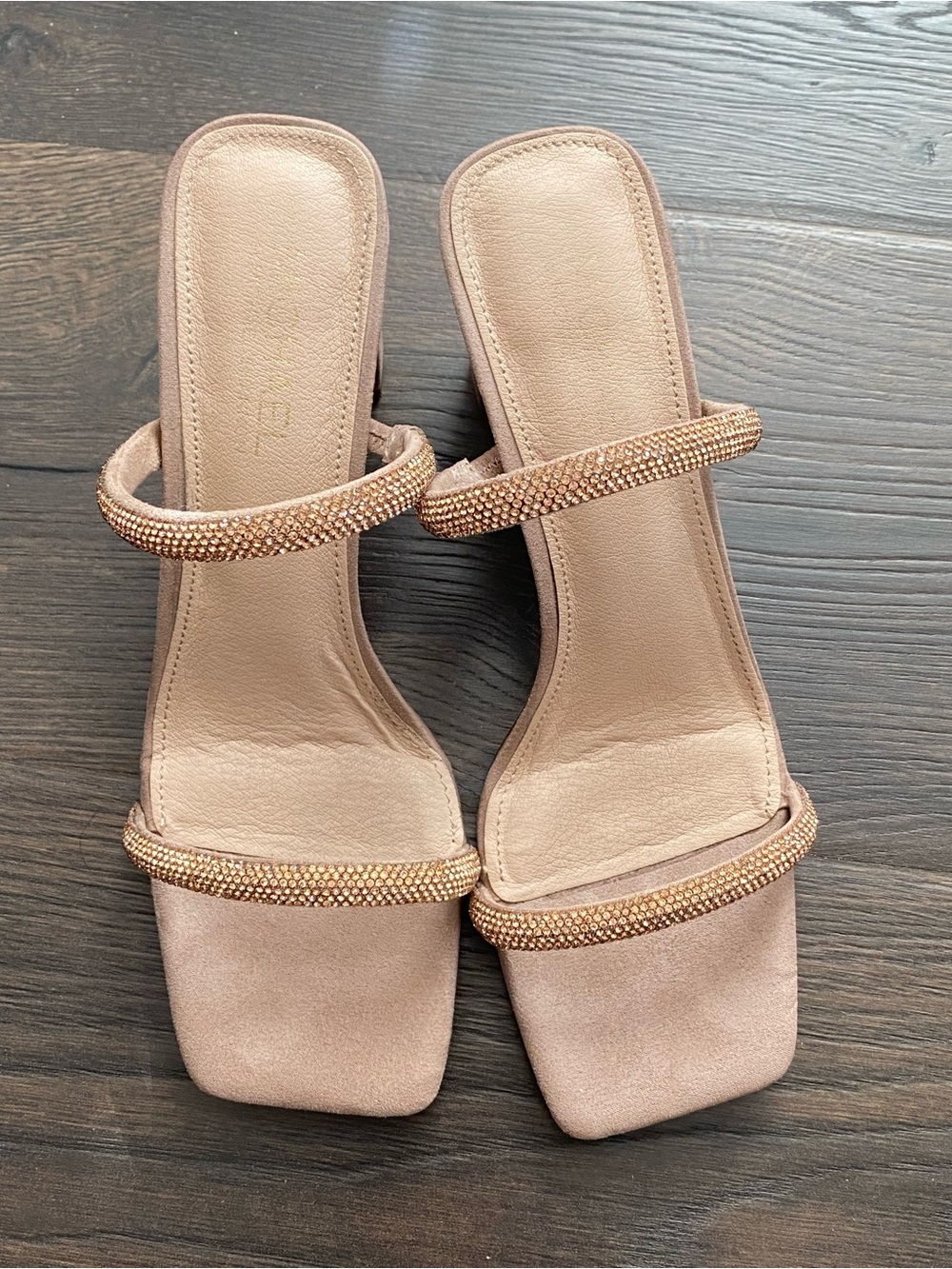 Blush Nude Slide Heels with Rose Gold Embellished Straps Size 9